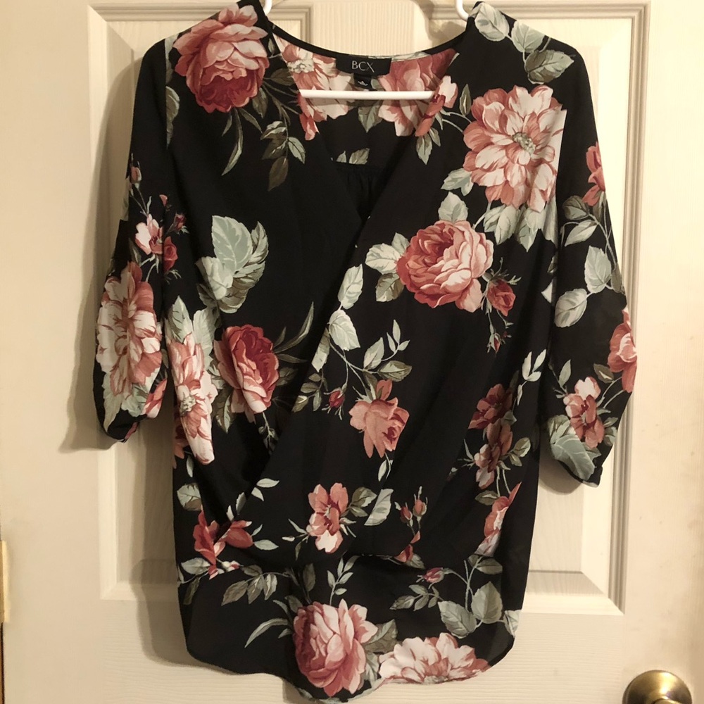 BCX Black Top with Pink Floral Design